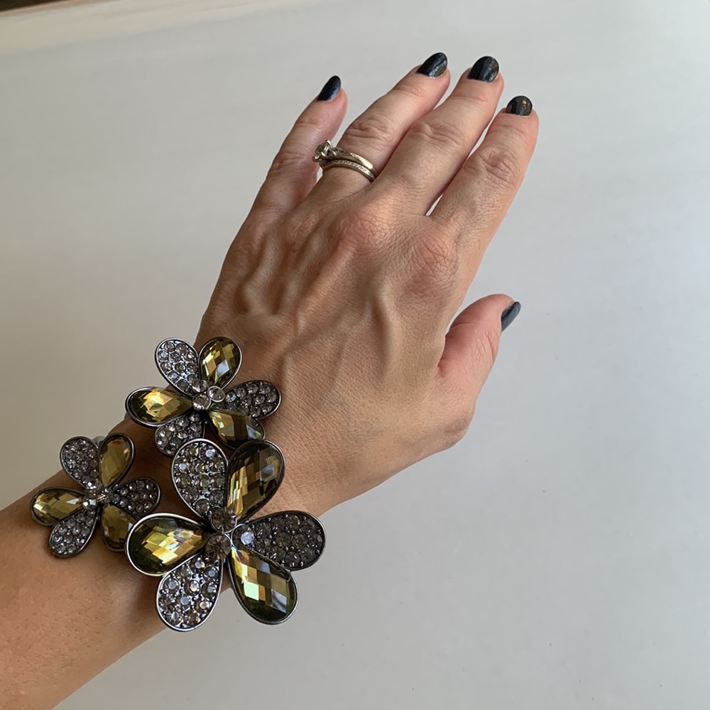 Rosette Bracelet Cuff Steel Silver Metallic Rhinestone Flower Eclectic Boho